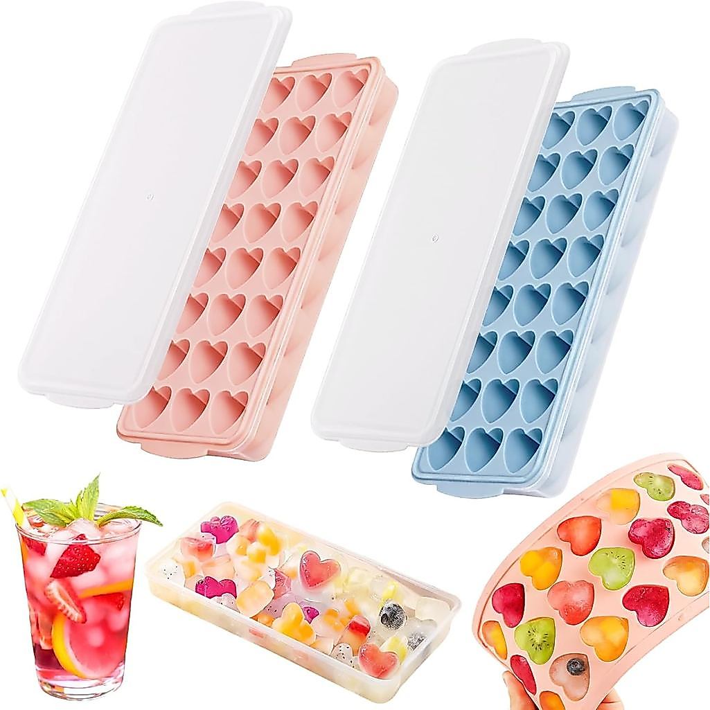 Heart Shape Ice Cube Tray 2PCS Mini Heart Ice Mold Silicone Heart Ice Cube Molds with Lid Mini Tray 