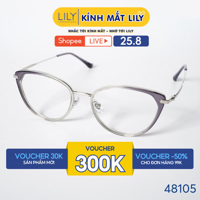 Gọng kính mắt mèo nam nữ LILYEYEWEAR chất liệu nhựa phối càng kim loại cao cấp kiểu dáng hiện đại thời trang 48105