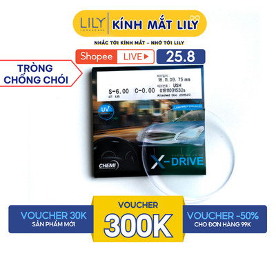 Tròng kính cận loạn chống chói Chemi X-Drive U2 1.60 chống chói lóa từ đèn xe, chống UV400 chống ASX bảo vệ mắt