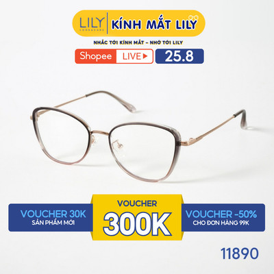 Gọng kính mắt mèo nam nữ LILYEYEWEAR chất liệu nhựa phối càng kim loại cao cấp, kiểu dáng hiện đại thời trang 11890