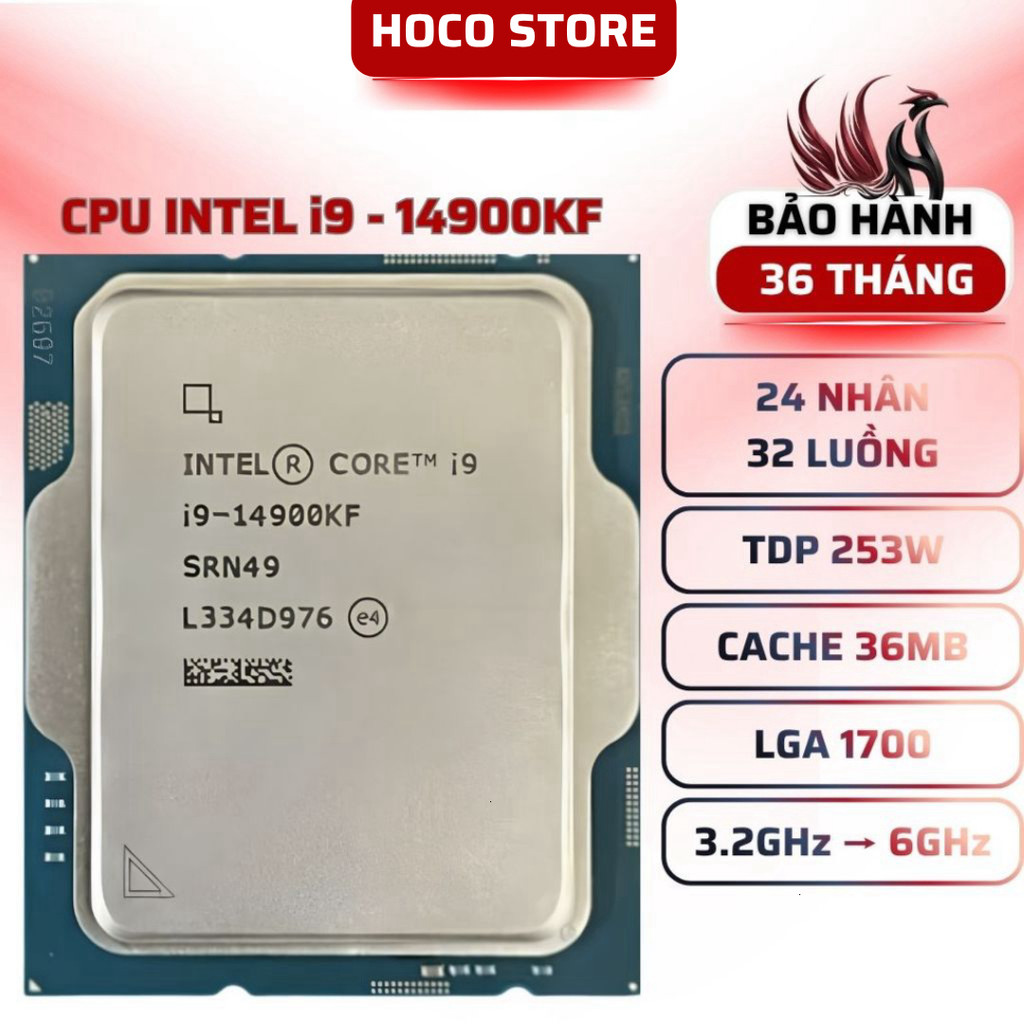 CPU Intel Core i9-14900KF 24C/32T Turbo 6.0GHz Cache 36MB - BẢO HÀNH 36 THÁNG - HOCOSTORE
