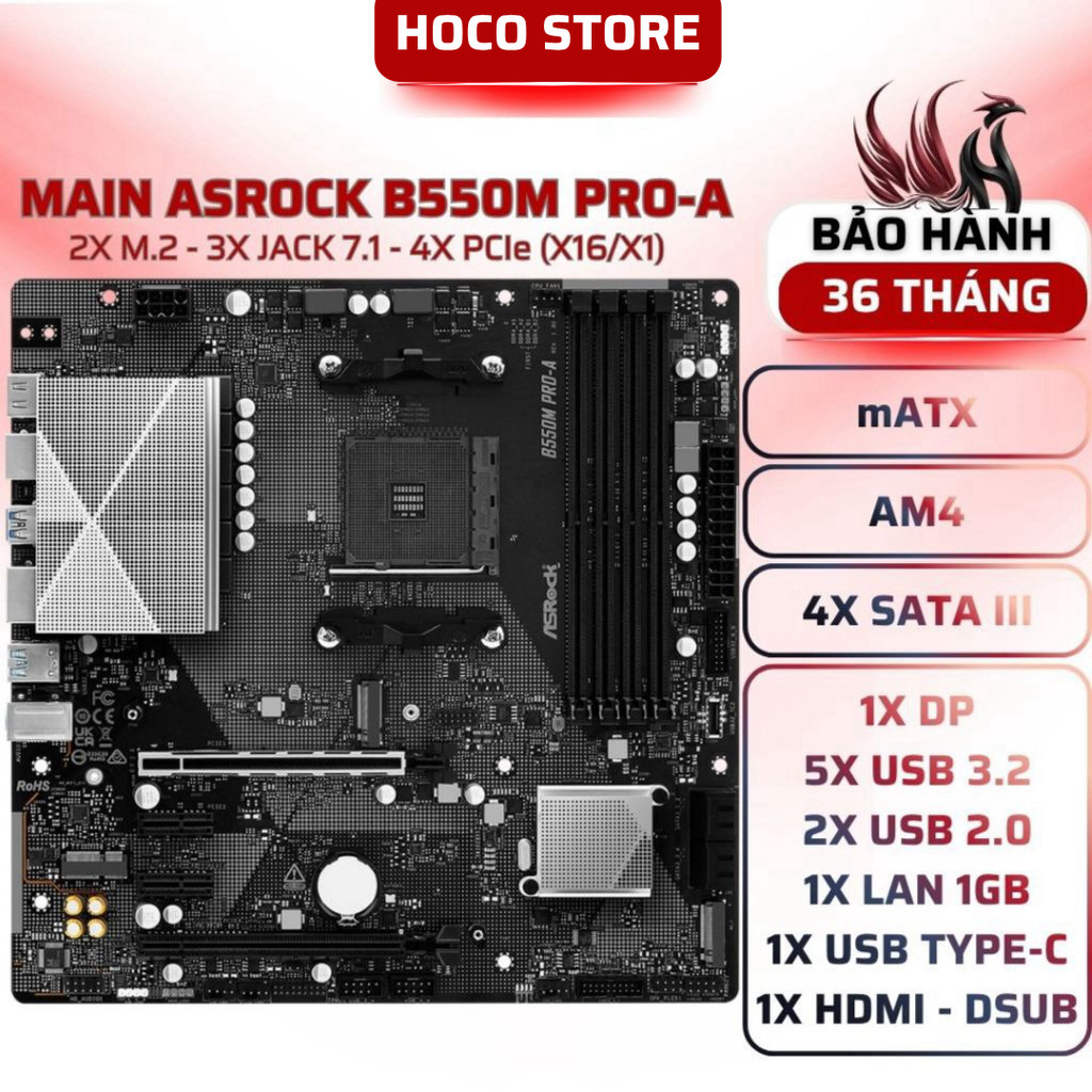 Main ASRock B550M Pro-A AM4 DDR4 Gaming, 8 Phase VRM - BẢO HÀNH 36 THÁNG -- HOCOSTORE