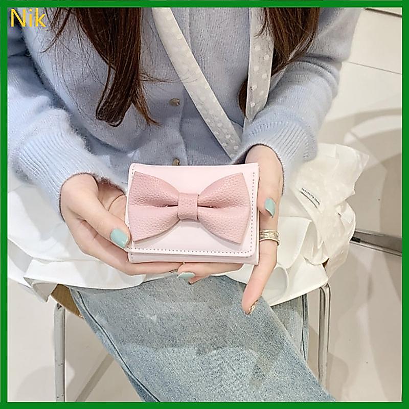 Trifold Wallet Stylish Short Wallet PU Leather Change Purse Sweet Bows Card Case