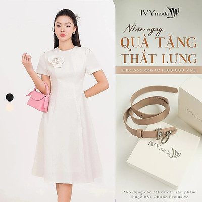 Đầm xòe chất liệu Oganza thiết kế hoa 3D, Đầm nữ công sở dự tiệc IVY moda MS 48T0245