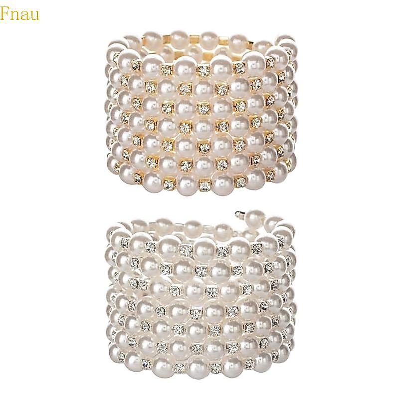 Vòng tay ngọc trai bạc Fnau Gold với pha lê và kim cương lấp lánh Vòng tay đàn hồi ngọc trai-7 hàng 