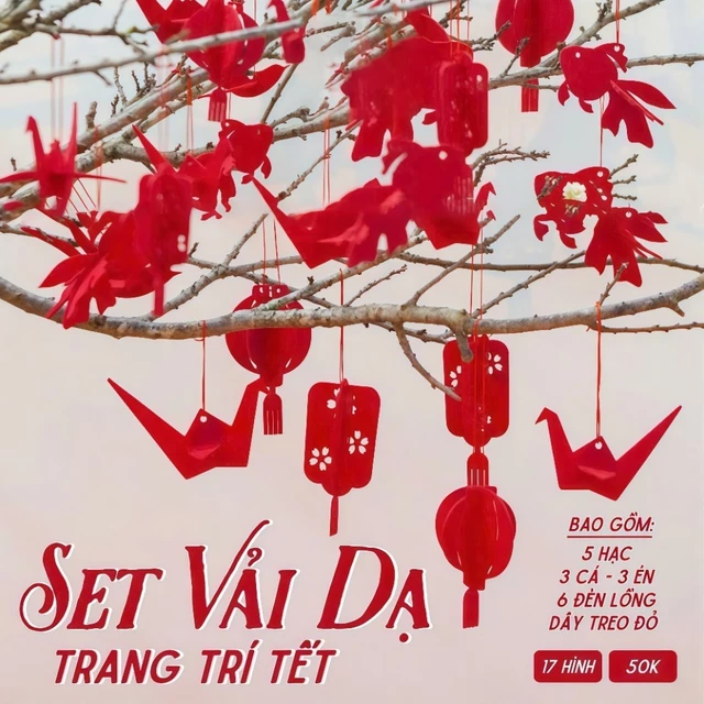 Trang trí Tết  set dạ 17 chi tiết màu đỏ may mắn, phú quý, decor nhà cửa