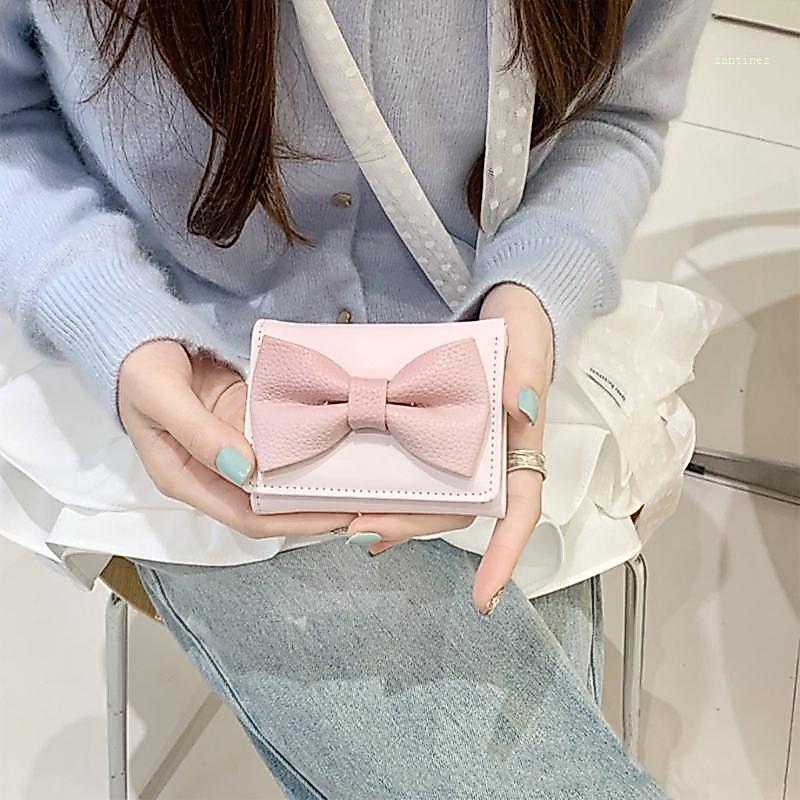 Trifold Wallet Stylish Short Wallet PU Leather Change Purse Sweet Bows Card Case