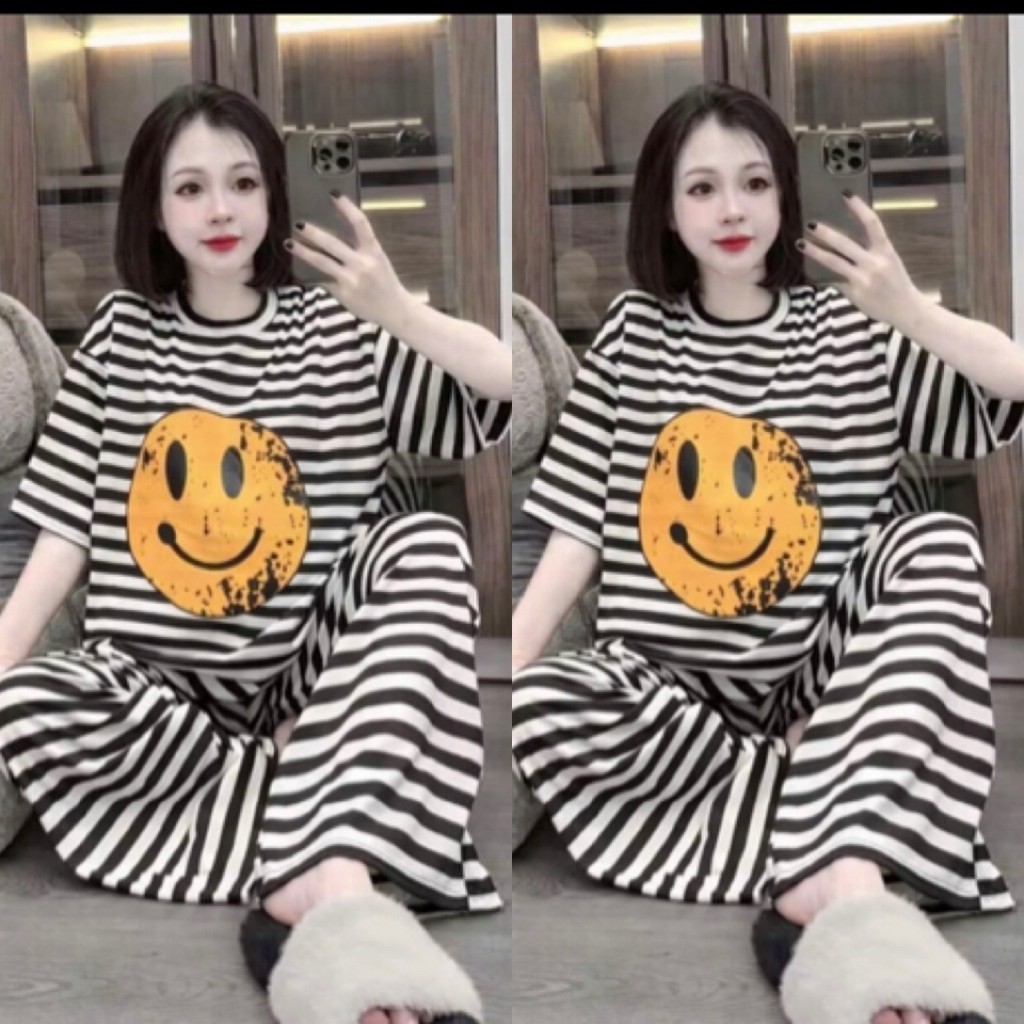 Set Bộ Nữ , Set Bộ Kẻ Cotton Mặt Cười Tay Ngắn