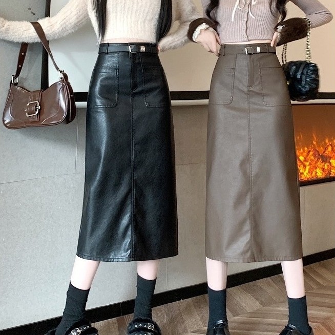 [Sẵnđen] Chân váy da chữ A dáng dài kèm đai phong cách Vintage Hàn Quốc, Chân váy da chữ A công sở d