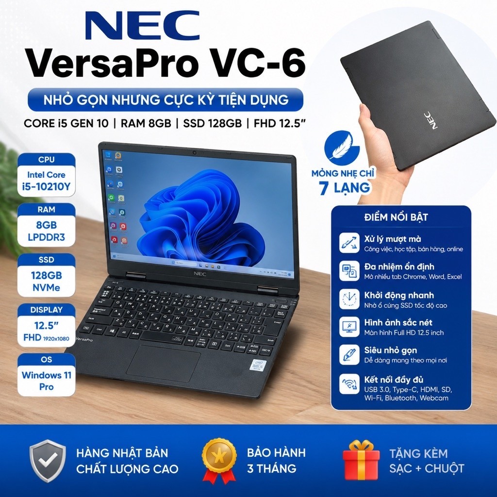 Laptop Nhật NEC VH4 VC6 12,5inch mỏng nhẹ Ram 8GB, SSD 128G/256G