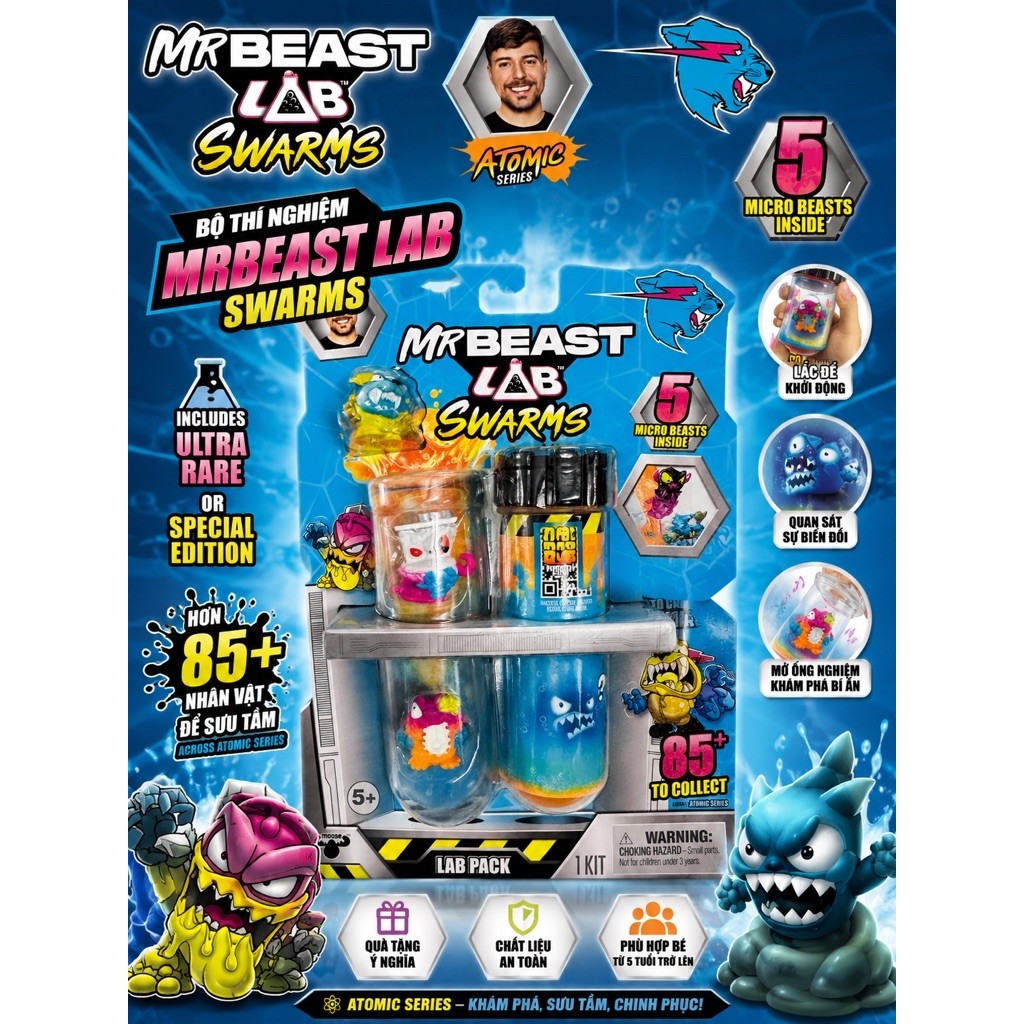 🧪 Bộ Đồ Chơi Thí Nghiệm MrBeast Lab Swarms – 5 Micro Beasts Bí Ẩn – Atomic Series