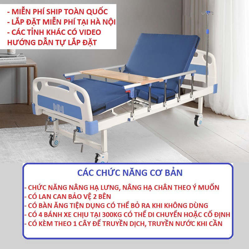 Giường Y tế bệnh Nhân Có 2 Tay Quay Nâng Hạ Lưng và Đùi, Có Bàn Ăn Và 2 Thanh…
