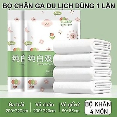Bộ chăn ga vỏ gối du lịch dùng 1 lần vải không dệt mềm mại, không mùi, không màu