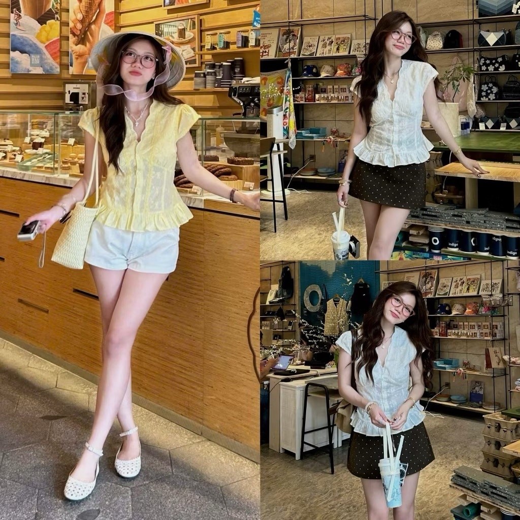 (ẢNH OLDSCHOOL) Áo ren tay hến MỚI cổ V xẻ ngực có lót ERI TOP @oldschool.cloth