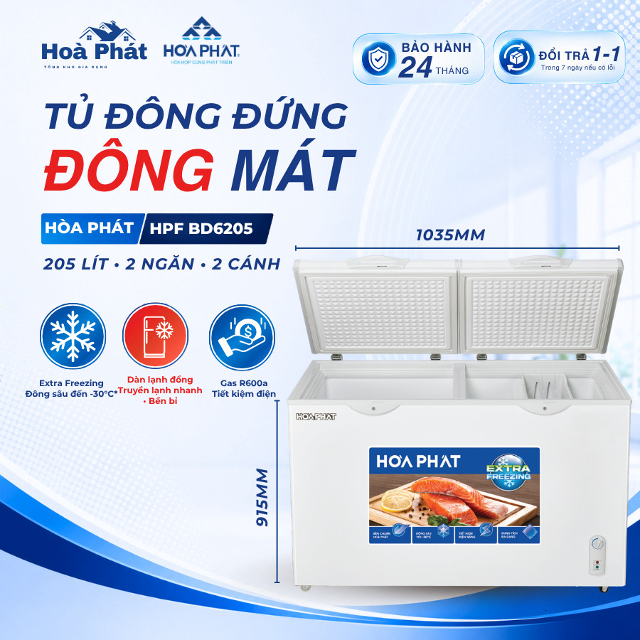 Tủ đông Hòa Phát HPF BD6205 205L 2 ngăn 2 cánh dàn đồng Đông Mát Extra Freezing