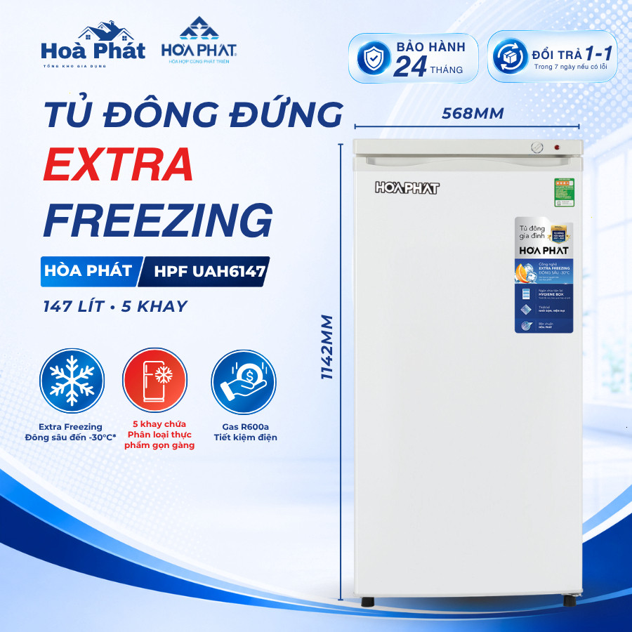 Tủ đông đứng Hòa Phát HPF UAH6147 147L 5 khay dàn hợp kim đông sâu Extra Freezing