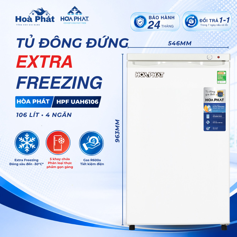Tủ đông đứng Hòa Phát HPF UAH6106 106L 4 khay dàn hợp kim đông sâu Extra Freezing
