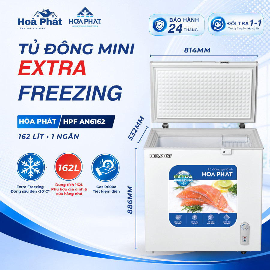 Tủ đông Hòa Phát HPF AN6162 162L 1 ngăn dàn nhôm Đông sâu Extra Freezing