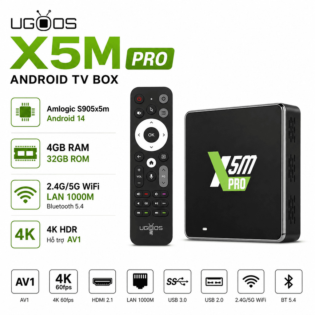 Android TV box Ugoos X5M Pro | Android 14 | Chip Amlogic S905X5M | Hỗ trợ nâng cấp hình ảnh bằng AI