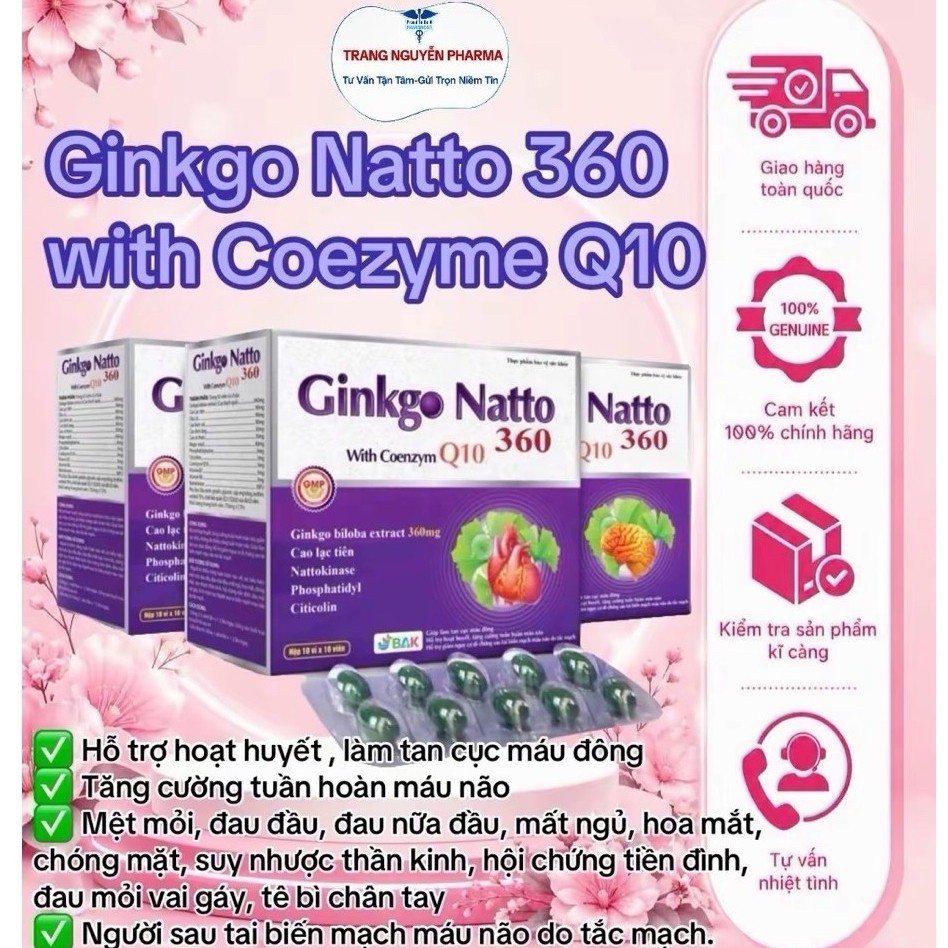 [ Chính hãng ]Ginkgo Natto 360 With Coenzym Q10. Hộp 10 vỉx10 viên