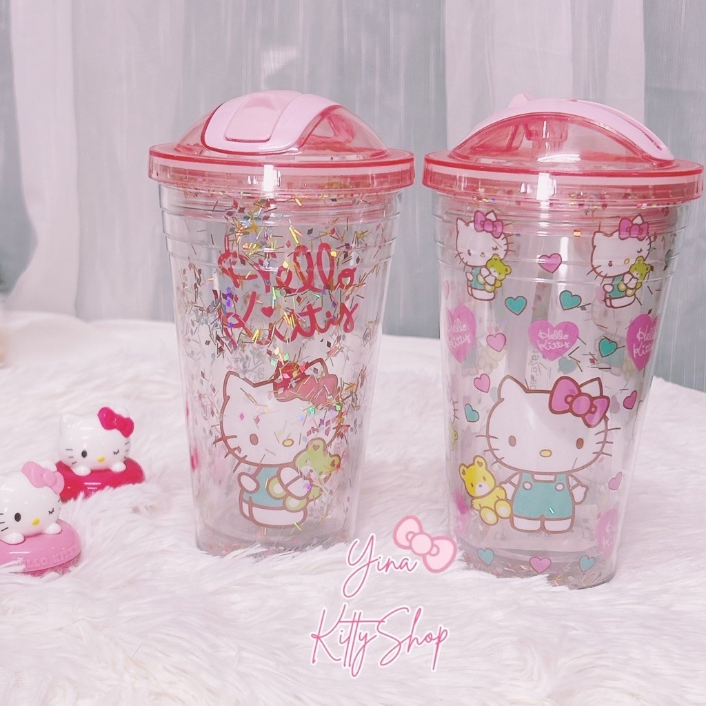 [Chính Hãng Sanrio] Ly/Cốc Nhựa 2 Lớp Hello Kitty Kim Tuyến Kèm Ống Hút Tiện Lợi (Có Tem Hologram )