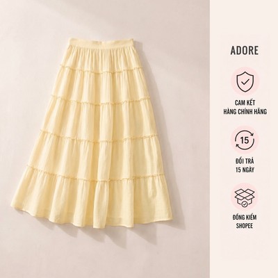 [ ADORE ] Chân váy maxi tơ nối tầng màu vàng kem 613SK5002