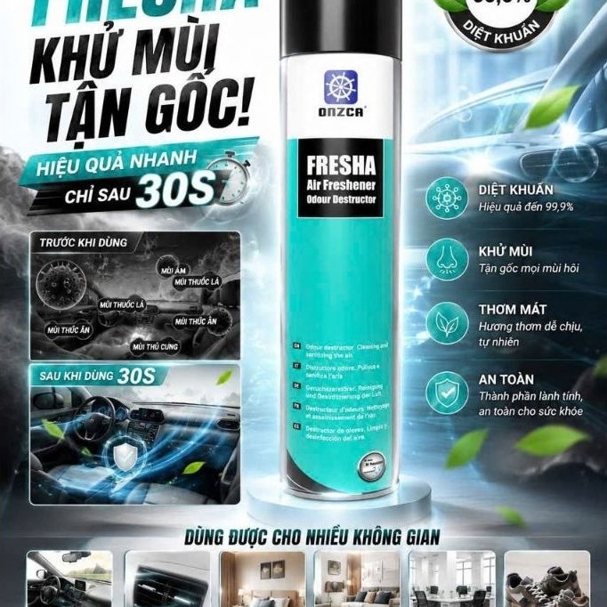 Chai khử mùi xe hơi Onzca Fresha dạng xịt 400ml. Làm sạch không khí 99% 