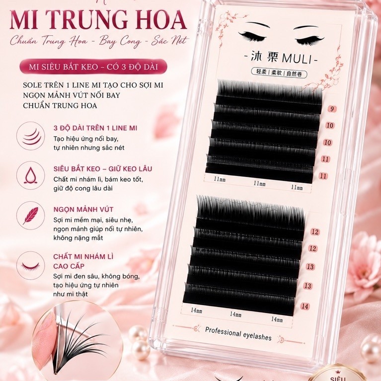 Mi MULI Douyin Trung Hoa Cong L120° , L140°, L162°– Sợi Mảnh Ngọn Vút, Mi Nhám Bắt Keo Tốt