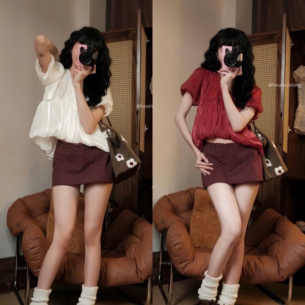 (HAVANA) Áo babydoll Ruby top tơ óng cổ V tay bồng dáng đuôi tôm AO686 @havana.danang