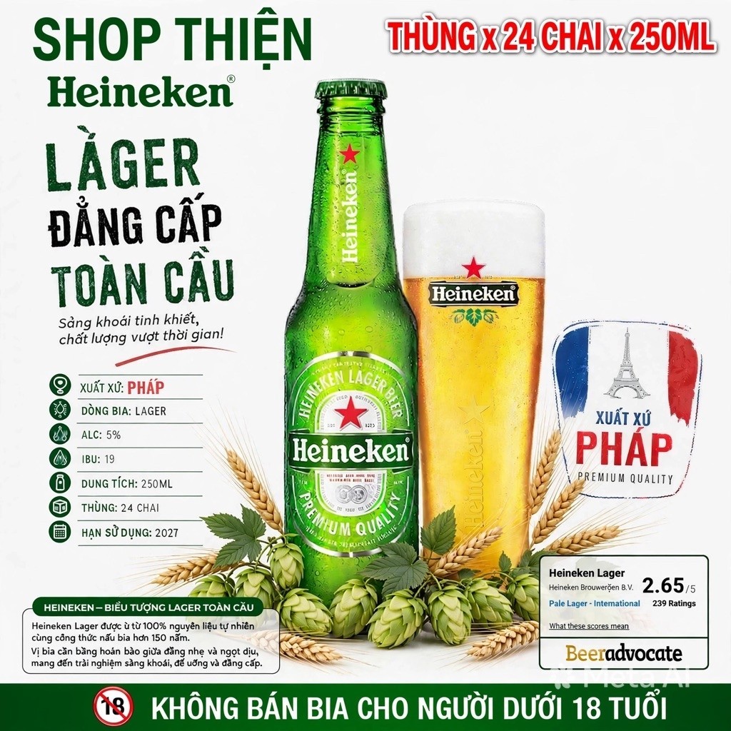[Hoả tốc HCM] [Date 2027] Thùng 24 Chai Bia Heineken 5% 250ml Nhập Pháp - Chính Hãng