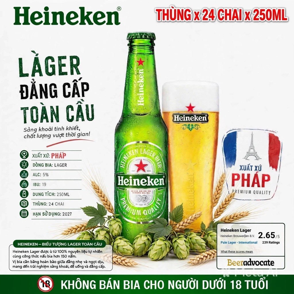 [Hoả Tốc HCM] [Date2027 ]Thùng x 24 Chai Bia Nhập khẩu Pháp HEINEKEN 5% 250ml