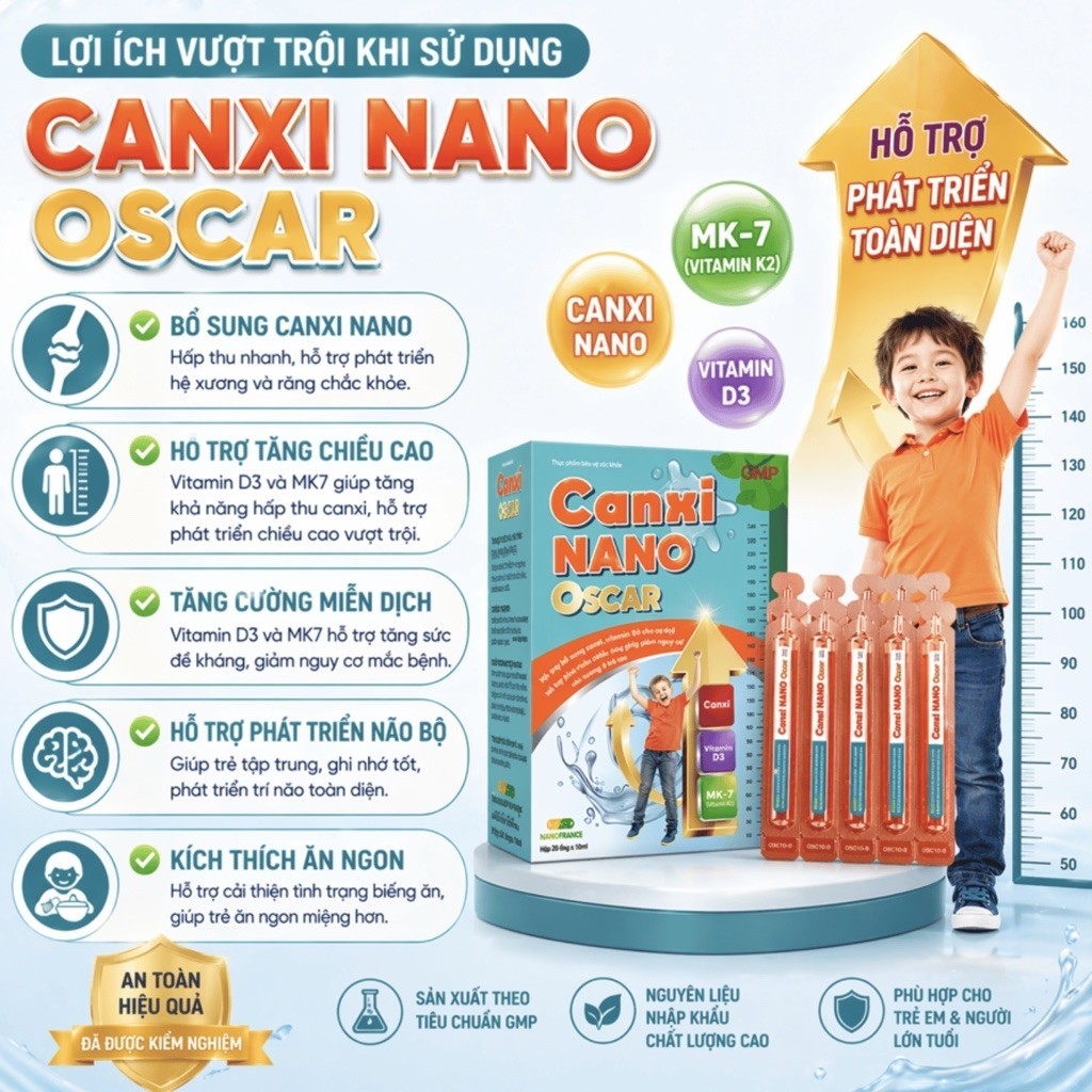 Canxi Nano Oscar Cho Bé – Bổ Sung Canxi D3 MK7, Tăng Chiều Cao, Chống Còi Xương, Xương Chắc Khỏe