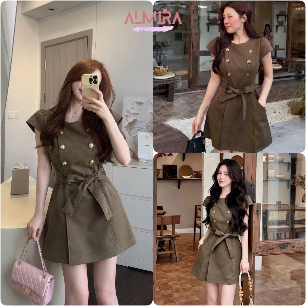 (TẶNG ĐAI)  Váy Kaki 6 Cúc Tay Hến 2 Lớp Thắt Eo Sang Chảnh Almira Store