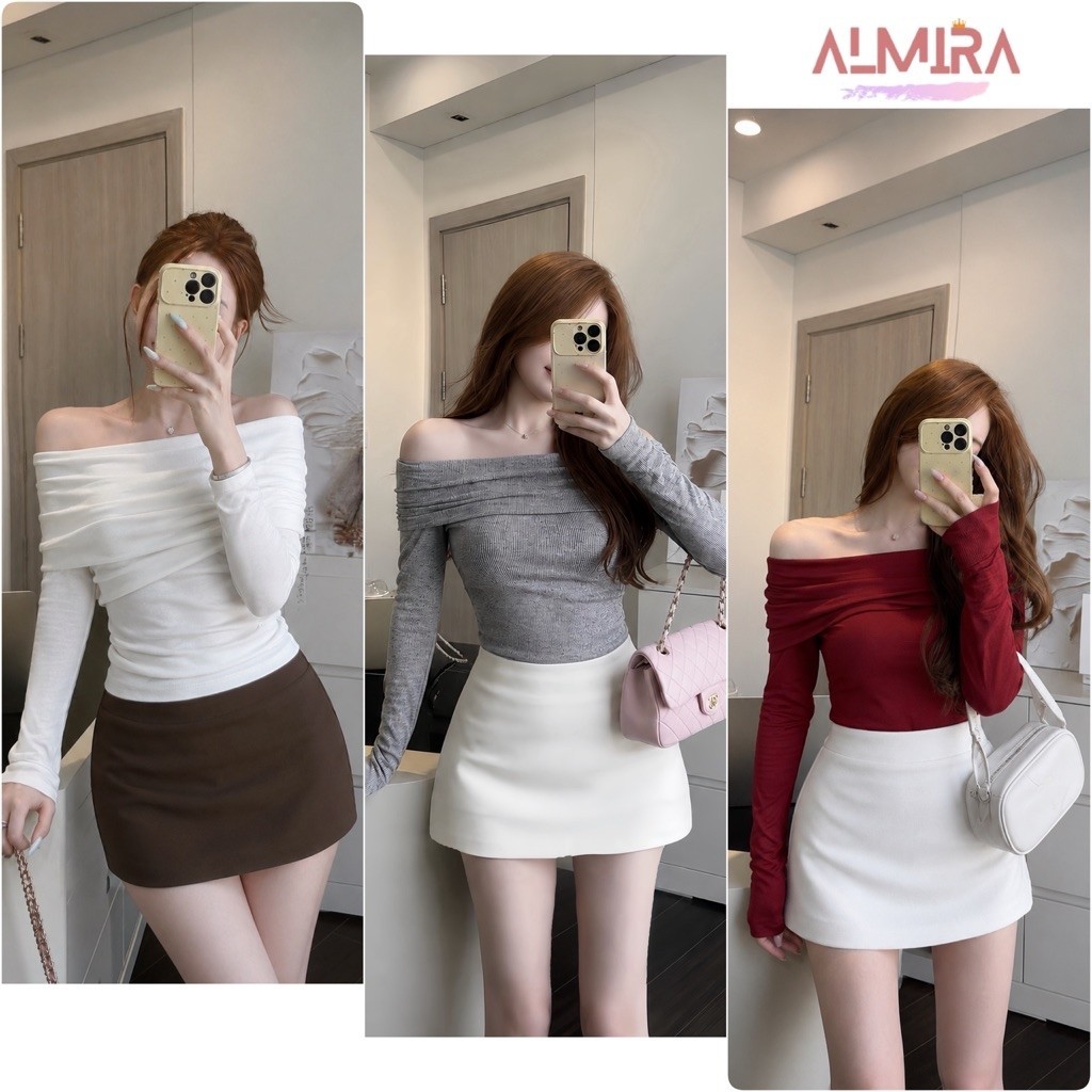 Sét Váy Trễ Vai Bẻ Vai Kèm Chân Váy Chữ A Kaki Có Quần Trong Nhiều Màu Almira Store