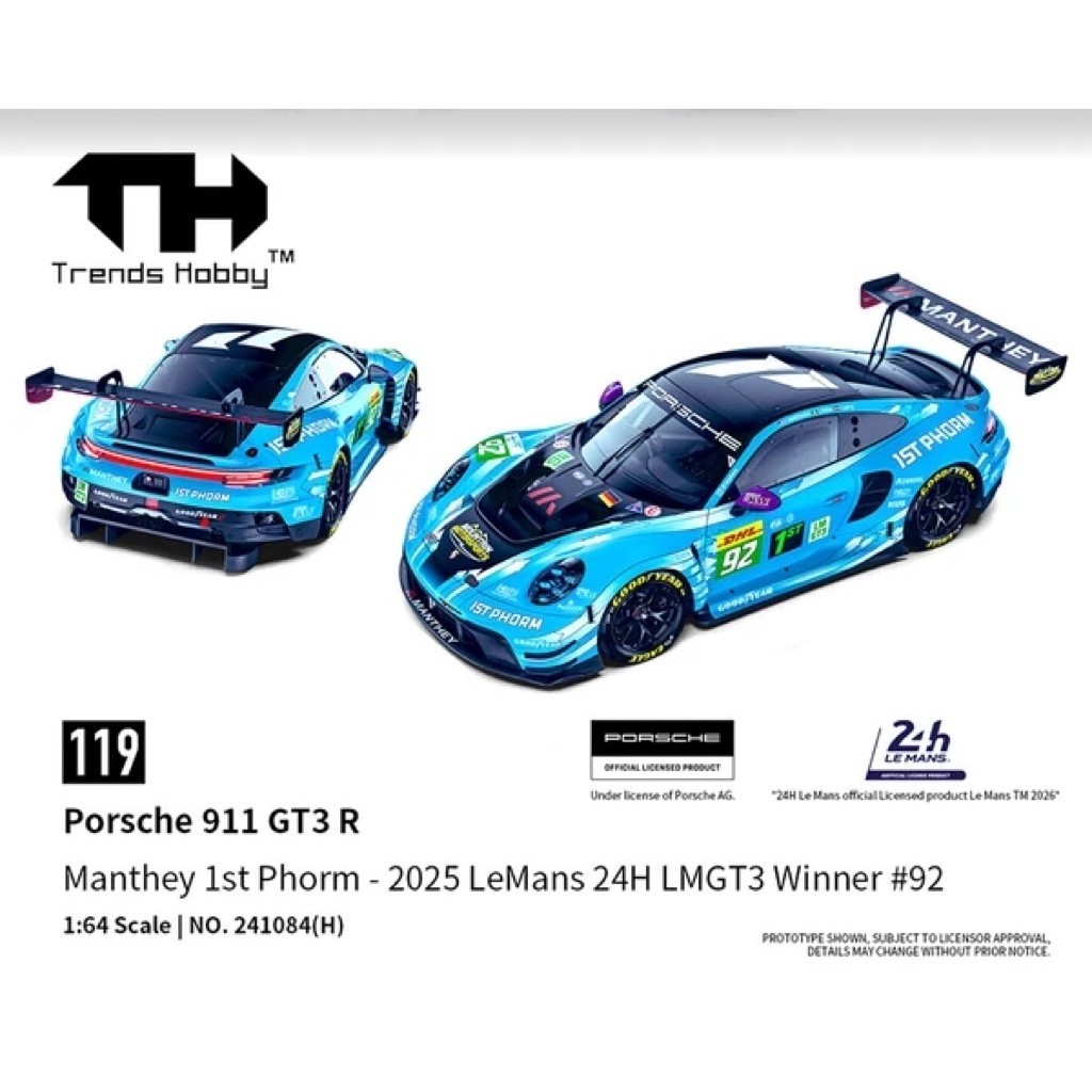 Xe Mô Hình 1:64 Trends Hobby 119 Porsche 911 GT3 Vô Địch Lemans 2025 - New Box