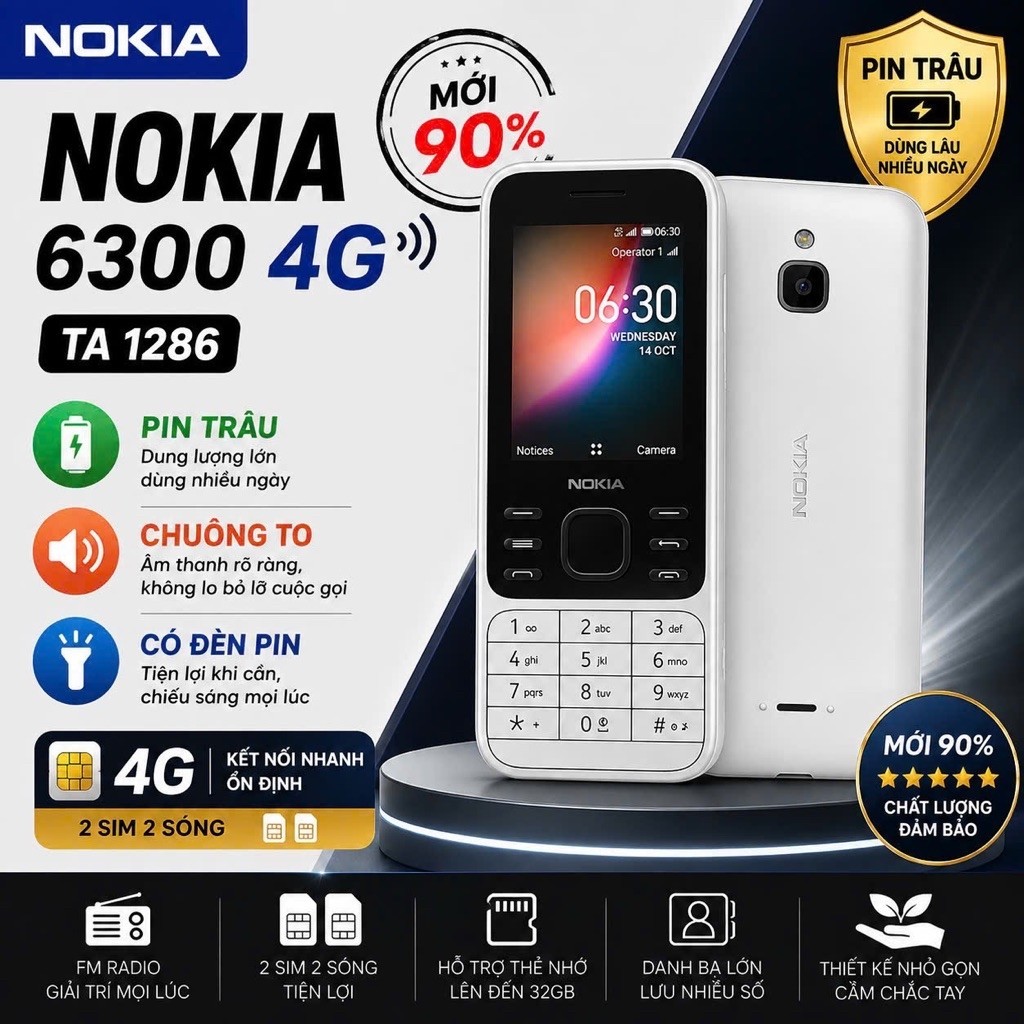 Nokia 6300 4G TA-1286 Chính Hãng – 2 SIM 2 Sóng, Pin Trâu, Nghe Gọi Rõ, Hỗ Trợ Thẻ Nhớ 32GB