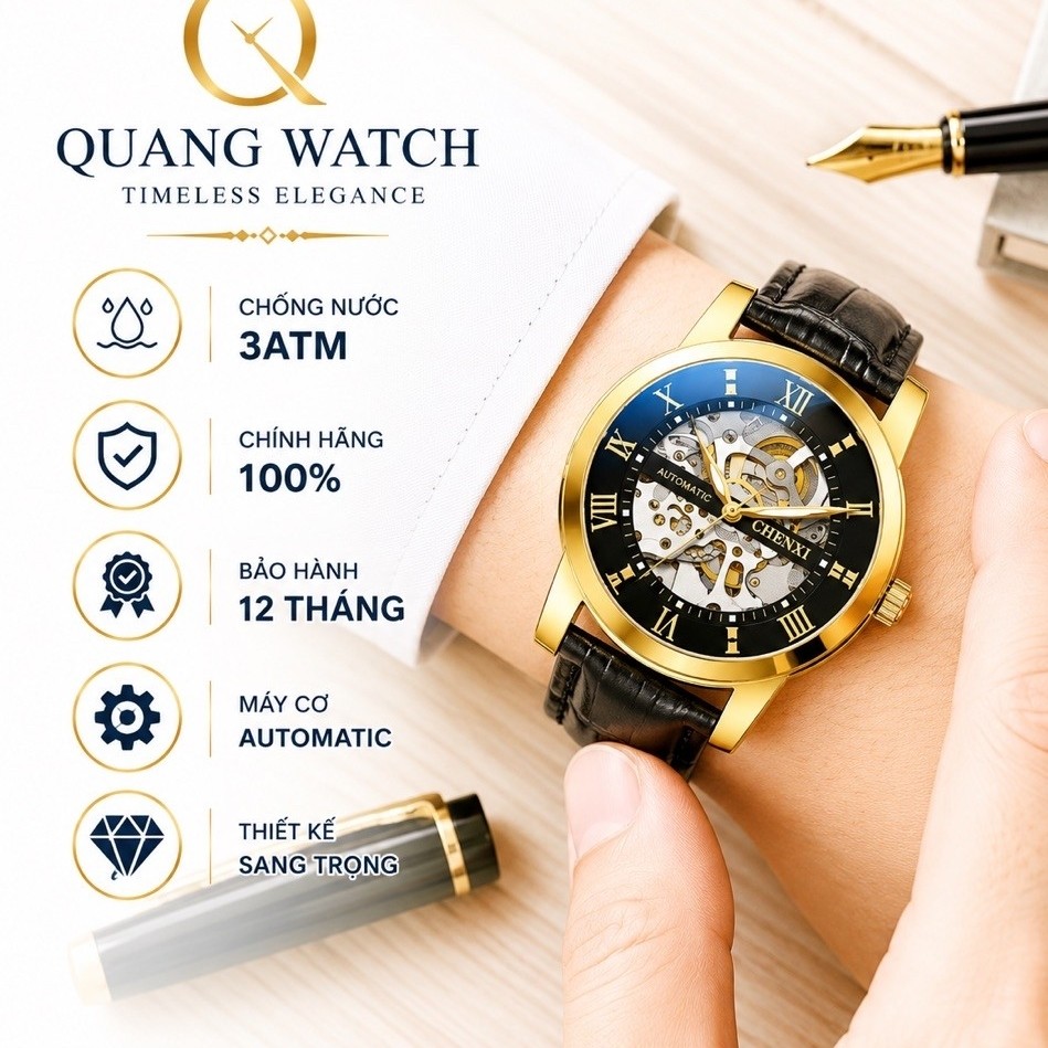 Đồng Hồ Cơ Chenxi Chính hãng Automatic,Dây da cao cấp ,chống nước ,chống xước