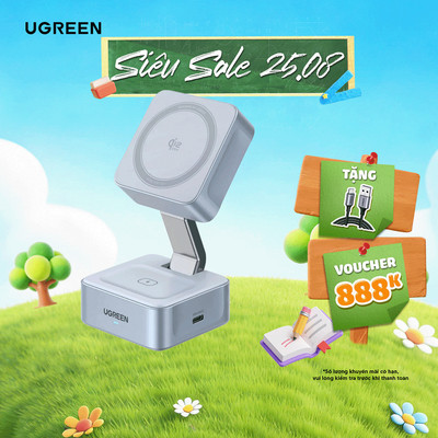 Đế sạc không dây từ tính 2 trong 1 UGREEN MagFlow | Chuẩn Qi2 25W | Tương thích MagSafe | BH 18 tháng 1 đổi 1 | 55960B