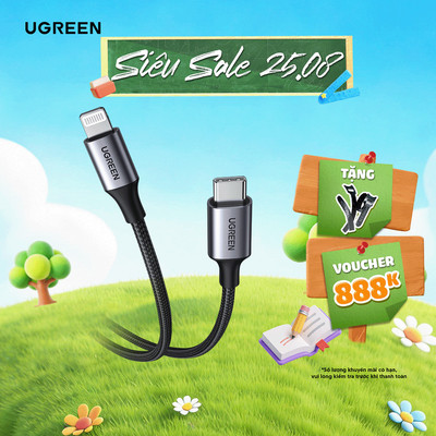 Cáp sạc USB C to Lightning đạt chuẩn MFi Ugreen US304 vỏ bện | Tốc độ truyền 480Mbps | Bảo Hành 18 Tháng 1 Đổi 1 |