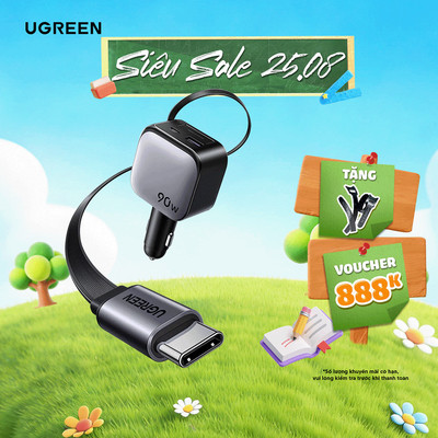 Ugreen Củ Sạc Ô Tô 90W | Dây Cáp Rút Tích Hợp USB-C | Sạc Nhanh PD QC 3 Cổng | BH 18 Tháng | 55909B
