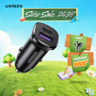 Tẩu Sạc Nhanh Ô tô UGREEN CD130 | 2 Cổng Sạc USB A+ USB C công suất 30W | BH 18 Tháng 1 Đổi 1 | 40858 25845