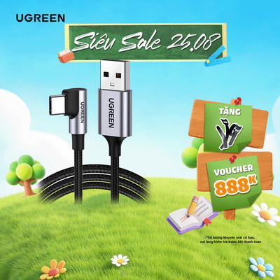 Cáp sạc USB A sang Type C Ugreen US284 Đầu vuông góc 90 độ vỏ bện | Sạc nhanh | Tốc độ truyền 480Mbps | Bảo Hành 1 đổi 1
