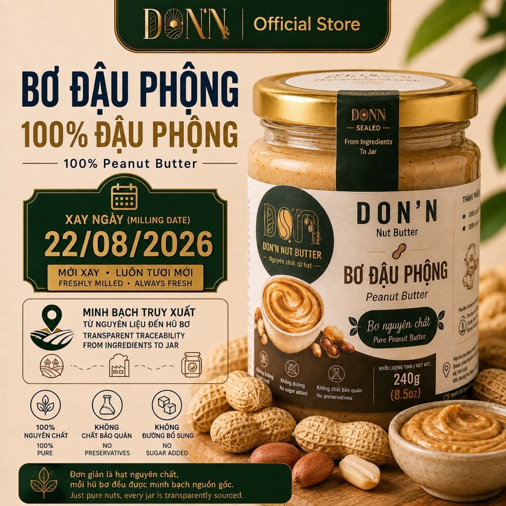 Bơ Đậu Phộng Nguyên Chất DON'N 240g | 100% Đậu Phộng Quảng Trị | Không Đường | Không Dầu Bổ Sung | 1