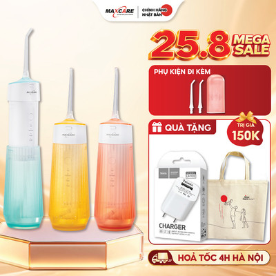 Máy tăm nước cầm tay gấp gọn mini du lịch Maxcare UltraSonic Max456P Phun xoay 360 độ, Chống nước IPX7, dung tích 160ml