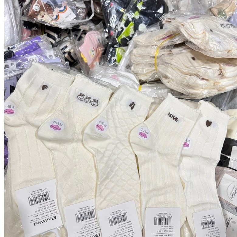 Set 10 đôi tất trơn cổ cao Cotton dệt kim, tất Love/chery chất đẹp co giãn tốt