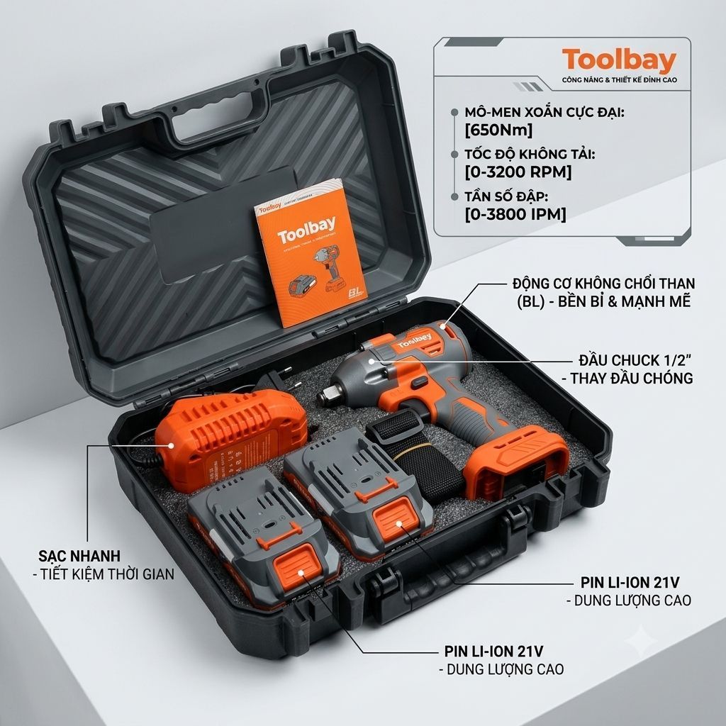 Tên sản phẩm là **Máy siết bu lông Toolbay 650Nm**.