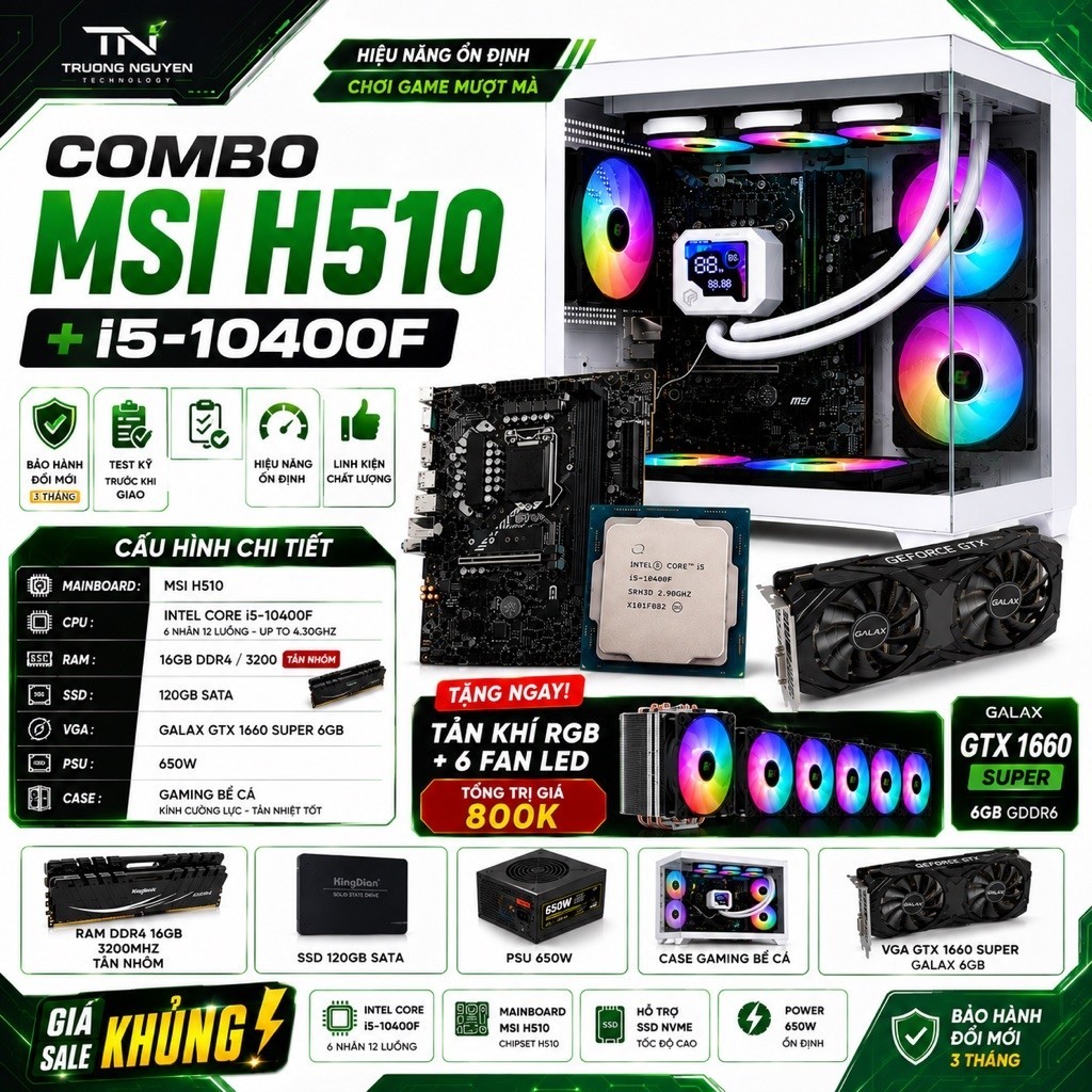 Combo Main MSI H510 + CPU Intel Core i5-10400F + 16gb ram ddr4/3200 TẶNG 6FAN LED + 1 Tản Khí RGB TỔ