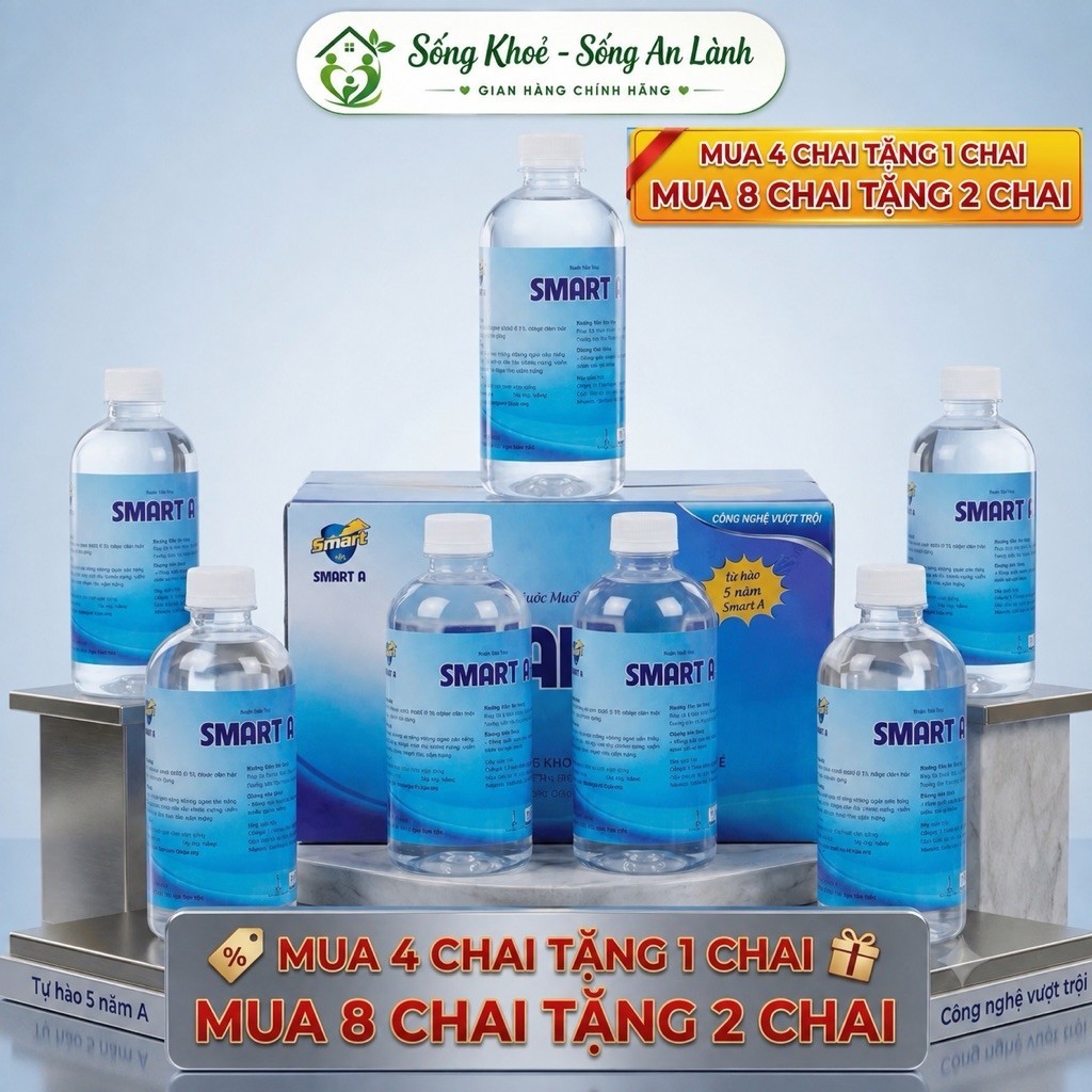 Nước muối Smart A THÙNG 4 & 8 CHAI, Nước súc miệng sát khuẩn Smart A 500ml (nước A) lành tính