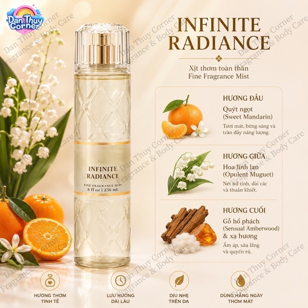 Infinite Radiance – Xịt thơm toàn thân B.B.W hương quýt ngọt & hoa linh lan & hổ phách gỗ