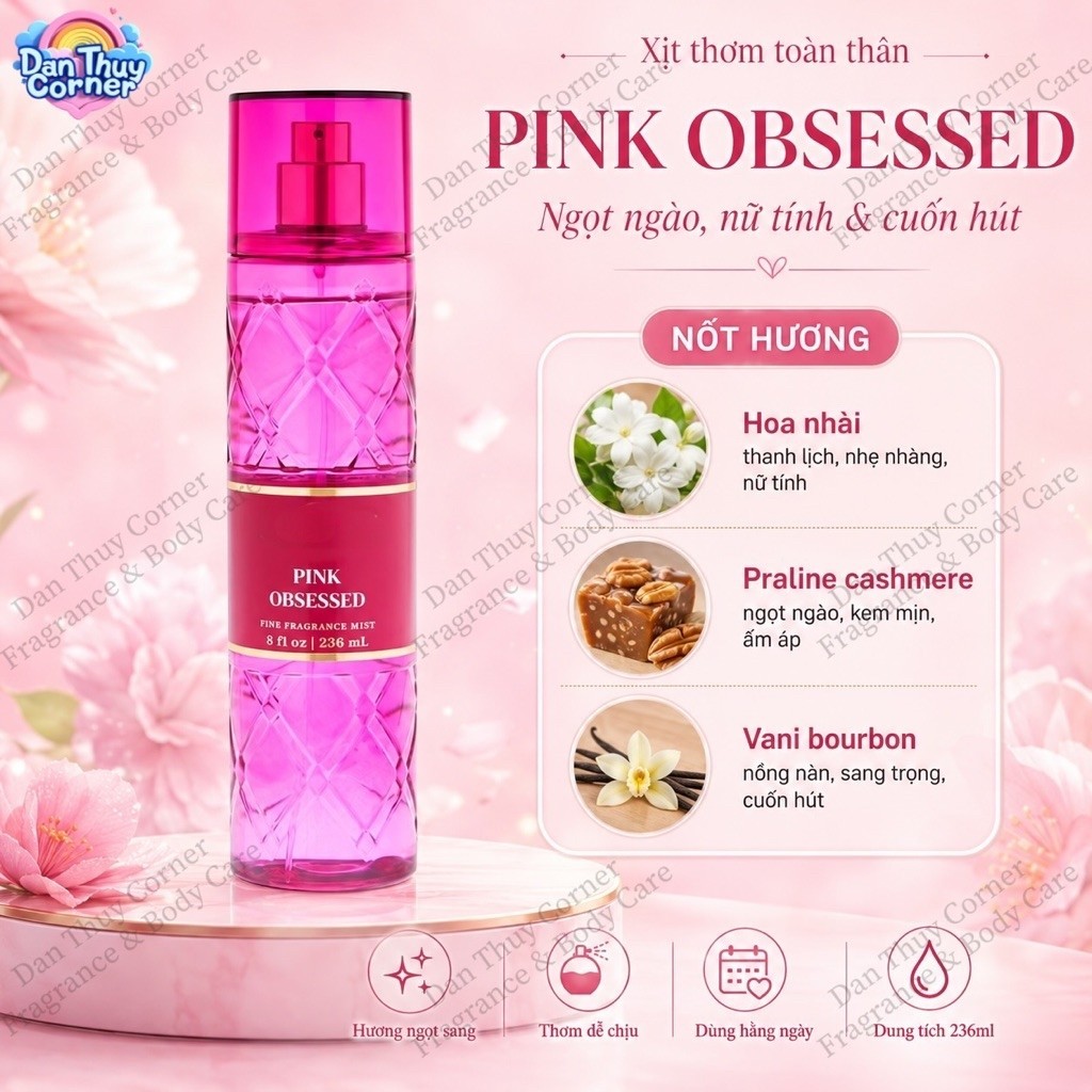 Pink Obsessed – Xịt thơm toàn thân Body Mist 236ml B.B.W hương hoa nhài & praline cashmere & vanilla